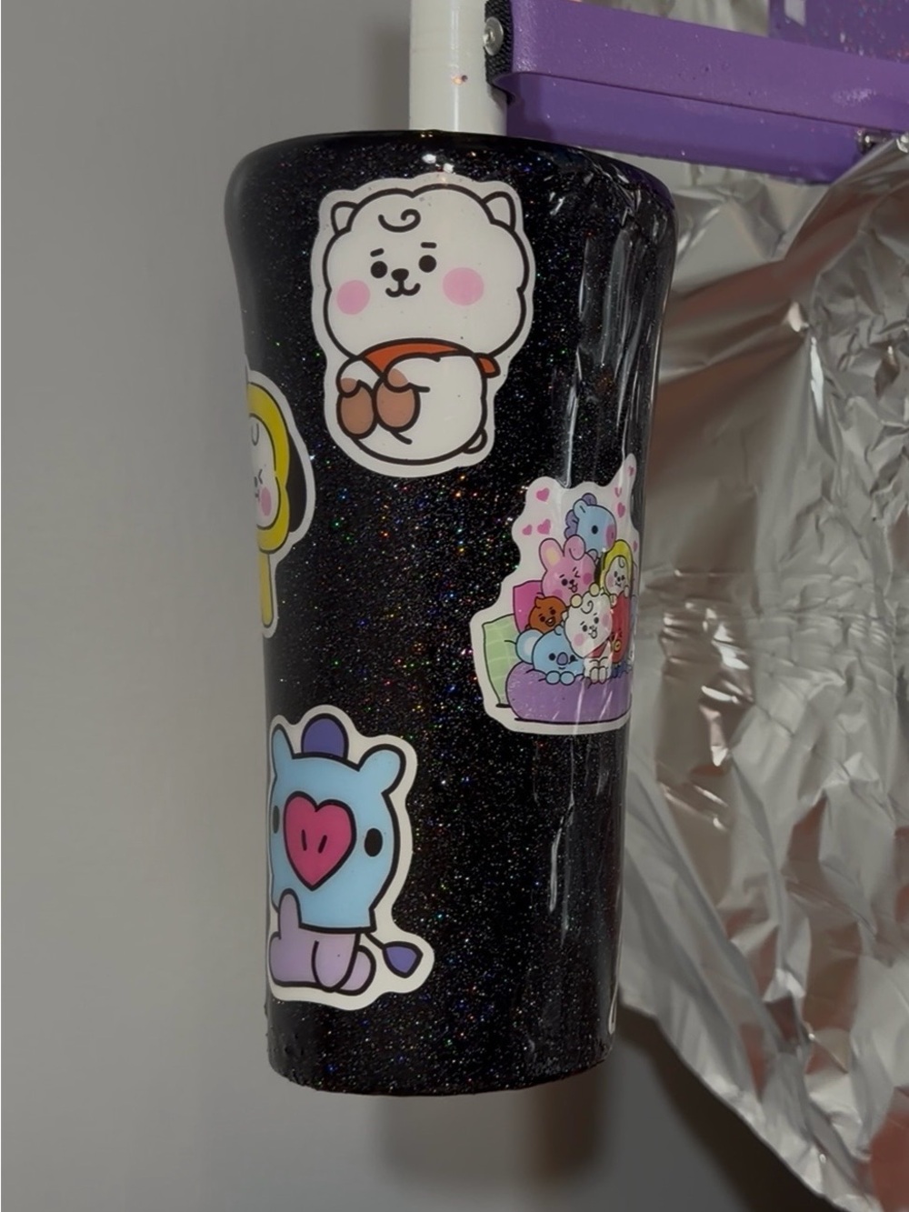 Black Glitter Tumbler with Cute Character Stickers K-pop inspired